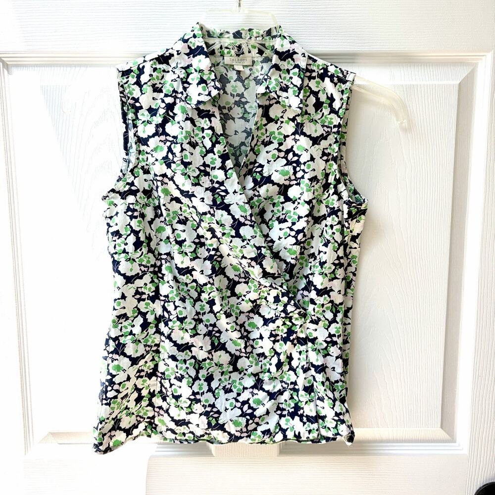 Talbots size 6P Sleeveless Floral Faux Wrap Top Collared Side Zip